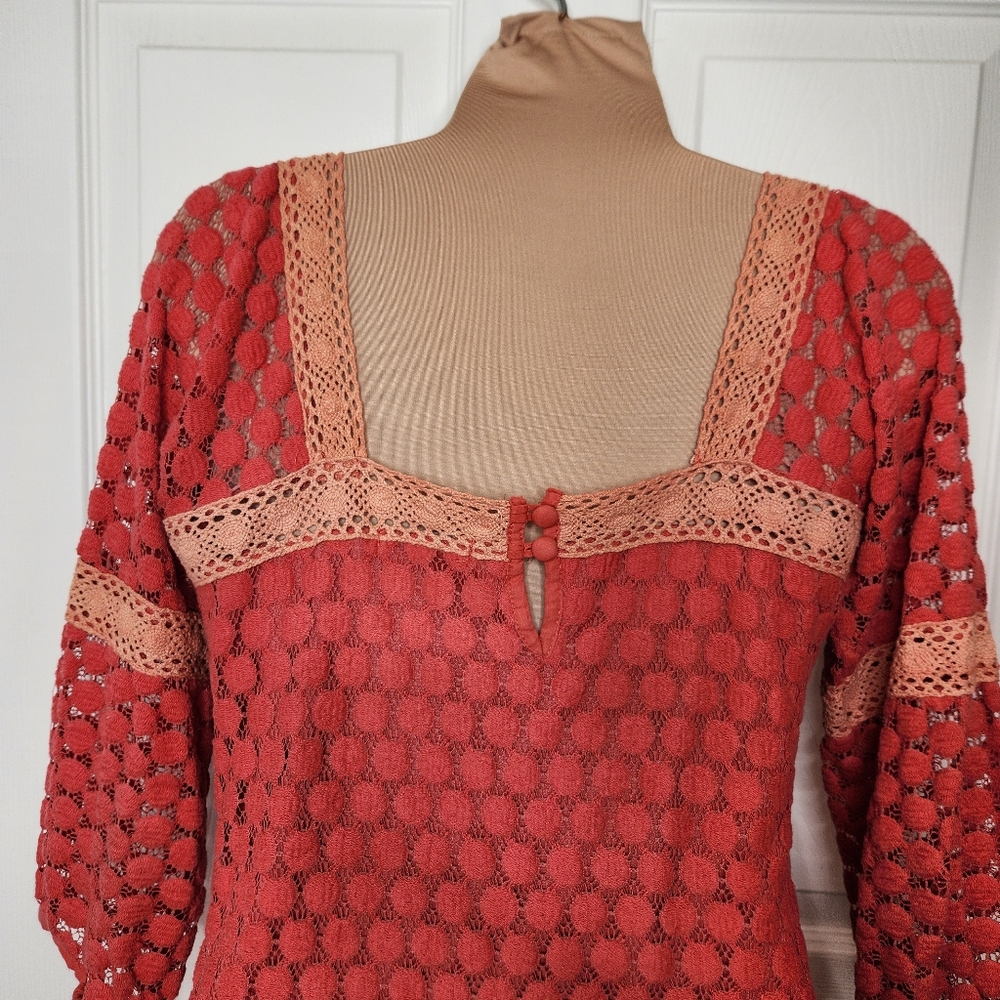 Solitaire Dress Mini Crochet Lace Retro Boho Chic Orange Pink Peach Size Small - Picture 6 of 10